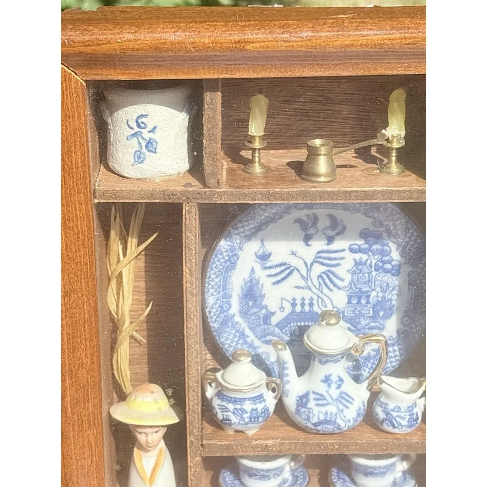 Vintage Blue Willow Miniature Tea Set Shadow Box Wall Display Case Cottagecore